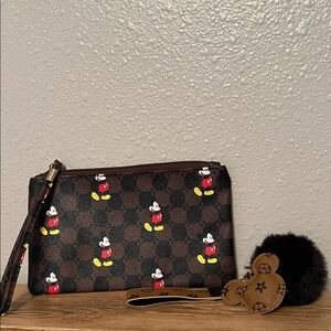 Mickey Mouse Brown Checkered Wristlet and keychain NWOT